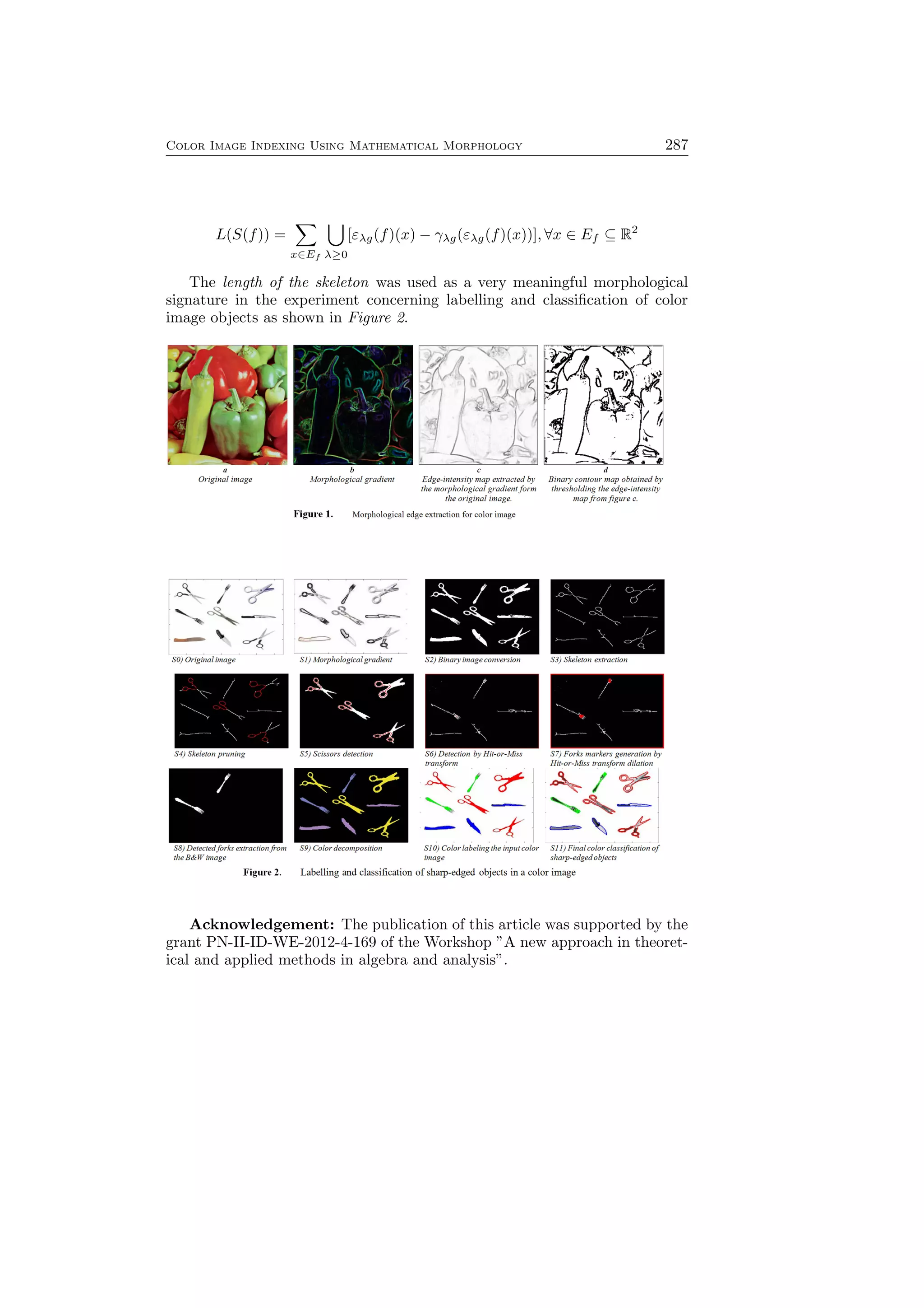 Color Image Indexing Using Mathematical Morphology 287
L(S(f)) =
∑
x∈Ef
∪
λ≥0
[ελg(f)(x) − γλg(ελg(f)(x))], ∀x ∈ Ef ⊆ R2
The length of the skeleton was used as a very meaningful morphological
signature in the experiment concerning labelling and classiﬁcation of color
image objects as shown in Figure 2.
Acknowledgement: The publication of this article was supported by the
grant PN-II-ID-WE-2012-4-169 of the Workshop ”A new approach in theoret-
ical and applied methods in algebra and analysis”.
 