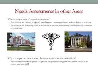 Needs Assessments in other Areas
• What is the purpose of a needs assessment?
• Assessments are utilized to identify gaps between current conditions and the desired conditions.
• Assessments are frequently used in healthcare, education, community planning and social service
organizations.
• Why is it important to review needs assessments from other disciplines?
• Researchers in other disciplines can provide insight into strategies that could be useful in the
health education field.
 