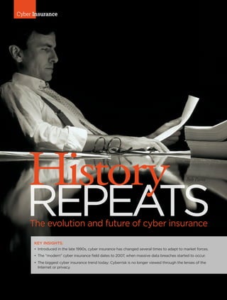 48 I AFP Exchange July/August 2015
Cyber Insurance
The evolution and future of cyber insurance
REPEATS
History Bob Parisi
KEY INSIGHTS:
•	 Introduced in the late 1990s, cyber insurance has changed several times to adapt to market forces.
•	 The “modern” cyber insurance field dates to 2007, when massive data breaches started to occur.
•	 The biggest cyber insurance trend today: Cyberrisk is no longer viewed through the lenses of the
Internet or privacy.
 