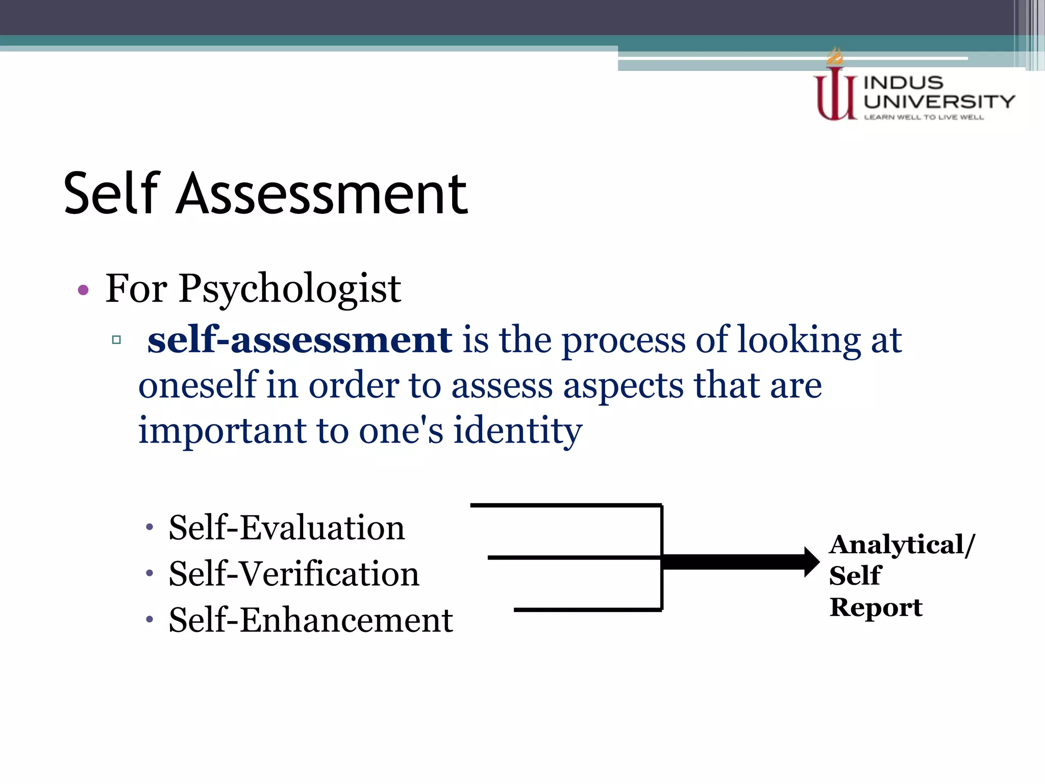 Self Assessment
• For Psychologist
▫ self-assessment is the process of looking at
oneself in order to assess aspects that are
important to one's identity
 Self-Evaluation
 Self-Verification
 Self-Enhancement
Analytical/
Self
Report
 