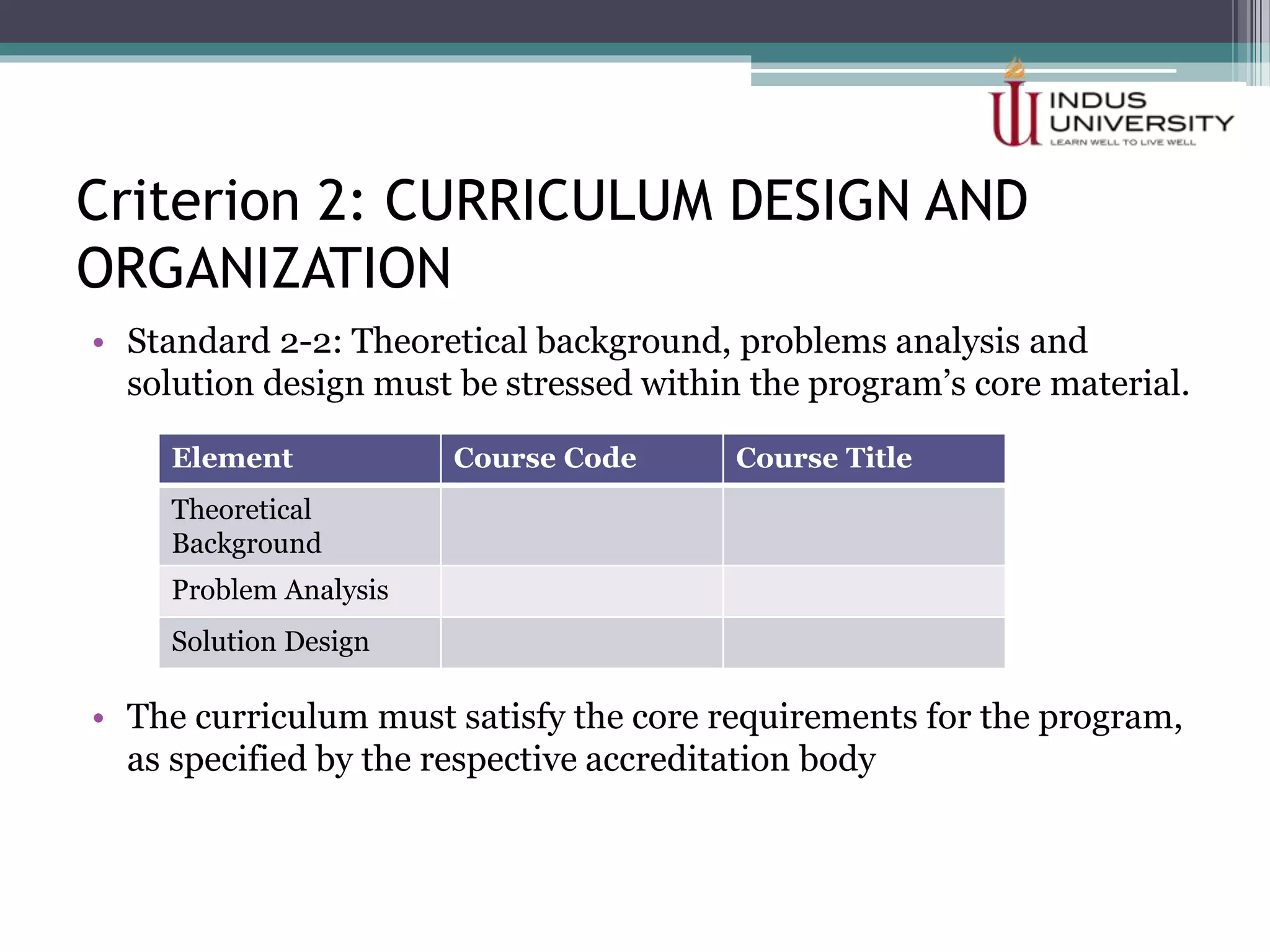 Criterion 2: CURRICULUM DESIGN AND
ORGANIZATION
• Standard 2-2: Theoretical background, problems analysis and
solution design must be stressed within the program’s core material.
• The curriculum must satisfy the core requirements for the program,
as specified by the respective accreditation body
Element Course Code Course Title
Theoretical
Background
Problem Analysis
Solution Design
 