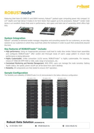a best way forward
Robust Data Solution (002060020-M)
www.robust.myinfo@robust.my+6 03 6261 7237
ROBUSTnode™
Featuring Intel Xeon E5-2600 V3 and DDR4 memory, Robust™ packed super computing power into compact 1U
(14" depth) and high dense 4-nodes-in-2U form factor that support up to 8x processors. Robust™ render node
series is an excellent choice that excel in performance, rack space and total cost of ownership which offers high
ROI.
1U Blank Panel
1x1U 24-Ports Patch Panel
1x2U 48-Ports Patch Panel
1U Cable Management
1U Blank Panel
1U Blank Panel
1U Blank Panel
1U Blank Panel
1U Blank Panel
1U Blank Panel
15kVA UPS
1U Cable Management
1U Blank Panel
1U Blank Panel
1U Blank Panel
1U Blank Panel
1U Blank Panel
1U Blank Panel
1U Blank Panel
1U Blank Panel
1U Blank Panel
1U Blank Panel
1U Blank Panel
1U Blank Panel
1U Blank Panel
1U Blank Panel
1x2U 48-Ports Patch Panel
1U Cable Management
1U Blank Panel
1U Blank Panel
1U Blank Panel
1U Blank Panel
1U Blank Panel
1U Blank Panel
15kVA UPS
1U Cable Management
1U Blank Panel
1U Blank Panel
1U Blank Panel
1U Blank Panel
1U Blank Panel
15kVA UPS
1U Cable Management
1U Cable Management
1U Cable Management
1U Blank Panel
1U 12/24-Ports Patch Panel
1U Blank Panel
1U Blank Panel
44 nodes in 42U 28 nodes in 42U 28 nodes in 42U
High performance. Using an inappropriate processor could lead to really slow render. Robust team assembles
and configures ROBUSTnode™ after careful and thorough study of user’s usage pattern to ensure high
performance is being delivered.
Highly Customizable. Unlike convention 1U/2U server, ROBUSTnode™ is highly customizable. For instance,
choice of 7200/15K RPM HDD or SSD, wide range of processors, etc.
Centralized Monitoring and Remote Management. With IPMI, users can manage the node remotely. Getting
health status, fan speed, power on/off can all be done from user’s desktop.
Reliability. All components are fully tested to ensure 24/7 operation.
Key features of ROBUSTnode™ include:
•
•
•
•
Robust™ provides on-demand render manager integration and consulting session for our customers, an one stop
solution to our customers in which they could fully utilize the hardware in order to push their productivity beyond
the limit.
System Integration
The flexibility and scalability of ROBUSTnode 4-in-2U demonstrated in the below reference configuration:
Sample Configuration
 