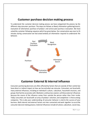 5 | P a g e
Customer purchase decision making process
To understand the customer decision making process we have categorized the process by the
different step consumer purchase. The steps are follows as Need, information gathering/search,
evaluation of alternatives purchase of product and service post purchase evaluation. We have
asked the customer following sequence which has given below. Our conversation was near to 35
minutes during conversation we had asked verbally all information required to understand the
behavior.
Customer External & Internal influence
Consumer purchasing decisions are often affected by factors that are outside of their control but
have direct or indirect impact on how we live and what we consume. Consumers are faced with
many external influences, including an individual’s culture, subculture, household structure, and
groups that he/she associates with. Marketers and business owners calltheseexternal influences
because the source of the influence comes from outside the person rather than from inside.
Today consumers are faced with an array of product selection, and competition is fierce among
companies. This is why your understanding of consumer behavior is vital to the success of your
business. Both internal and external factors are inter connected and work together to assist the
consumer decision making process. External influences include of culture, subculture, socialclass,
Need
Recognition
Information
Search
Evaluation
alternative
Purchase
Post
Purchase
Evaluation
 