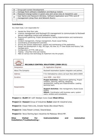 16 Group part screen Development
17 Vantage Point software installation and Backup restore
18 Password change button in panel view and versa view at mesadmin user
19
User Name and Password (Window, Software Application and FTPC) and IP
management (shop Floor and Network Room)
Contribution:
As a team lead, I am responsible for
 Handel the Shop floor calls.
 Licence management and Rockwell CD management to communicate to Rockwell
person regarding Licence and software issues.
 Requirement gathering, Project development, testing implementation and maintenance
support.
 Incident management, Change management, Route cause finding.
 Coordinating all development activities.
 Driving the solution deployment, support and maintenance of the application.
 Design and development in SQL, RS Logix, RS View 32, FT View Studio and Factory Talk
Vantage point.
 Configuration of FTTM, IDB server.
 Testing – shop floor End-user testing
 R&D on various new technology & implement into the project.
RELIABLE CONTROL SOLUTIONS (2008-2012)
Designation Sr. Application Engineer
About The Company Rockwell Automation System integrator and partner.
Address F-51 Vishwakarma colony Lal kuan New delhi110044
Duration June 2008 – July 2012
Responsibility
Project Activities: Requirement gathering, Project
initiation, planning, defining, designing,
development, testing and implementation. Leading
technical team.
Support Activities: Site management, Route Couse
finding.
Others: Coordination with business users, system
users, vendors and consultants.
Project 1:- OLAM DE’ LAIT Abidijan Ivory Coast West Africa.
Project 2:- Hassani Group of Industries Dubai Jubal Ali industrial area.
Project 3:- Kissan Petro-oils, Greater Noida (Bio-diesel Plant).
Project 4:- India Potash Limited, Sikandrabad.
Project 5:- Nova Sterling Agro industries ltd Malanpur Bhind MP.
Sites Visited For Instrumentation and Automation
Installation/Troubleshooting:-
 