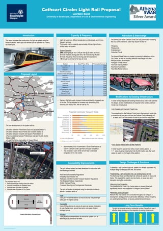 Poster template by ResearchPosters.co.za
Gordon Best
University of Strathclyde, Department of Civil & Environmental Engineering
Introduction
This report proposes the construction of a light rail system using the
Karlsruhe Model, where light rail vehicles can be operated on a heavy
rail track layout.
Proposed Layout
Capacity & Frequency
• Delivery of a high quality transport mode would lead to increased use
of the line. This is estimated to increase train demand by 20%,
reducing bus use by 18%, and car use by 2%.
The new developments in the system will be:-
o A station between Pollokshaws East and Langside(Station 1)
o A station between Mount Florida and Crosshill (Station 2)
o A station between Crosshill and Queens Park (Station 3)
o Two new stations between Pollokshaws East and the City Centre
(Stations 4&5)
o A new City Centre main station in Howard Street.
Design Challenges & Solutions
To develop a fully functional light rail system in a densely populated city,
multiple design challenges were met, and solved:
•Implementing a light rail system into a an existing heavy rail line
The Karlsruhe Model permitted light rail vehicles to operate on heavy rail
tracks. This negated the need to lay new tracks, or cause long term
disruption during this construction.
•Reducing Line Congestion
The construction of a new City Centre station in Howard Street will
significantly reduce line congestion in Glasgow Central Station..
•Minimising Social Disruption
Network Rail and Scotrail were consulted throughout to configure a
development strategy which would function effectively without disrupting
any existing transport lines, or causing substantial social impact.
Accessibility Improvements
Modifications to Existing Infrastructure
Long Term Benefits
In order to fully integrate with existing infrastructure, and to fully optimise
the design, several modifications are required to the existing Cathcart
Circle Line infrastructure:
•Link Created with Overnight Freight Line
To successfully link the Cathcart Circle Line to the overnight freight line,
a curved line of track is to run from the Cathcart Circle, elevating at 3
°to reach 5m in a 100m stretch of track to join onto the freight line.
•Track Slopes Altered Before & After Platforms
In order to permit ground level entry at each existing station, a
1.1°slope must be implemented into the 50m before and after each
station to reach the 1m height of the platform.
• Light rail uses more efficient acceleration and braking to permit more
frequent services
• This results in a line capacity approximately 4 times higher than a
similar heavy rail system
• System Operation
– 2960 passengers per hour (148 per train @ 20 trains per hour)
– 3 minute headway during peak time, 12 minute during off peak
– 3 minute frequency of service during peak time operations
– <40 minute travel time for full loop of circle
The proposed layout will:
• Reduce passenger loading times per station
• Improve accessibility for disabled users
• Improve ease of access to stations
• Improve ease of access to City Centre
Station Dwell Time Mins Timetable Example
Howard Street 0 1200
Station 5 ~2 1201
Station 4 ~2 1203
Pollokshaws East 1.5 1206
Queen's Park (Glasgow) 2 1209
Station 3 ~2 1212
Crosshill 1 1215
Station 2 ~2 1217
Mount Florida 4 1220
Cathcart 2 1225
Langside 1 1228
Station 1 ~2 1230
Pollokshields East 1.5 1234
Shawlands 1 1236
Maxwell Park 1 1238
Pollokshields West 1 1240
• Approximately 20% of commuters in South Side forecast to
use the Cathcart Circle Light Rail Line upon completion
• The increase in users of the rail will help to decrease
congestion in the City Centre
The light railway system has been developed in conjunction with
the following authorities:
•Rail Vehicle Accessibility Regulations
•Disability Discrimination Act
•Railways and Other Guided Transport Systems Regulations
•Her Majesty’s Railway Inspectorate
•British Transport Police
•Transport Security and Contingencies Directorate
The light rail system is designed using the above authorities to
deliver a transport which is:
•Safe
Using BTP recommendations to ensure security and passenger
safety are the highest priority
•Accessible
Using DDA guidelines to ensure all users can access the system,
by use of wide doors, ground level entry and space efficient
carriage layouts
•Efficient
Using RVAR recommendations to ensure the system runs as
efficiently as is possible at all times.
The light rail proposal delivers a substantial number of benefits by use of
effective design strategy, and the integration of existing infrastructure:
Attractions & Interchange
The primary use of the Cathcart Circle Line is by commuters accessing
the City Centre. However, users may require the line for:
•Shopping
•Restaurants
•Entertainment
•Suburban Travel
The Howard Street Station is located in proximity to attractions in the
City Centre, as well as providing effective interchange with other
transport modes, for example:
•Glasgow Central Station
•St Enoch Subway Station
•Buchanan Bus Station
•Next Bike Rental Scheme
Line Capacity Glasgow Central Station Footfall Accessibility to Glasgow Environmental Conditions
 