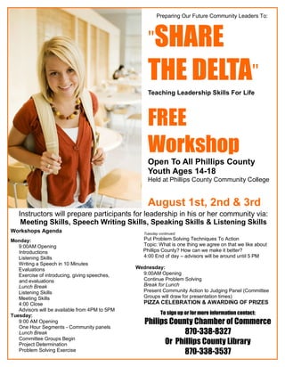 To sign up or for more information contact:
Philips County Chamber of Commerce
870-338-8327
Or Phillips County Library
870-338-3537
Preparing Our Future Community Leaders To:
SHARESHARESHARE
THE DELTATHE DELTATHE DELTA
Teaching Leadership Skills For Life
FREE
Workshop
Open To All Phillips County
Youth Ages 14-18
Held at Phillips County Community College
August 1st, 2nd & 3rd
Instructors will prepare participants for leadership in his or her community via:
Meeting Skills, Speech Writing Skills, Speaking Skills & Listening Skills
Workshops Agenda
Monday:
9:00AM Opening
Introductions
Listening Skills
Writing a Speech in 10 Minutes
Evaluations
Exercise of introducing, giving speeches,
and evaluations
Lunch Break
Listening Skills
Meeting Skills
4:00 Close
Advisors will be available from 4PM to 5PM
Tuesday:
9:00 AM Opening
One Hour Segments - Community panels
Lunch Break
Committee Groups Begin
Project Determination
Problem Solving Exercise
Tuesday continued:
Put Problem Solving Techniques To Action
Topic: What is one thing we agree on that we like about
Phillips County? How can we make it better?
4:00 End of day – advisors will be around until 5 PM
Wednesday:
9:00AM Opening
Continue Problem Solving
Break for Lunch
Present Community Action to Judging Panel (Committee
Groups will draw for presentation times)
PIZZA CELEBRATION & AWARDING OF PRIZES
 