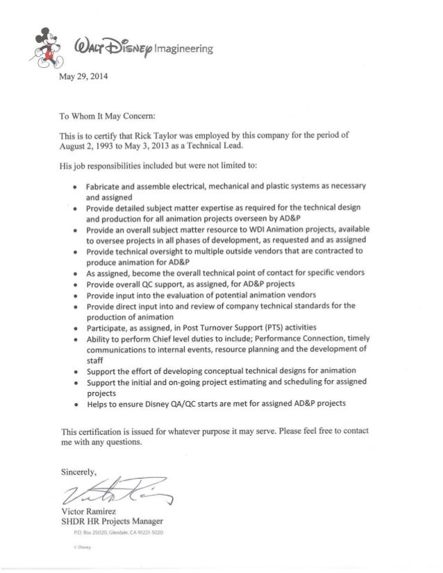 Disney Reference Letter