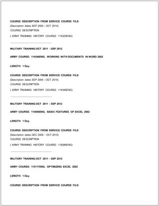 COURSE DESCRIPTION FROM SERVICE COURSE FILE:
(Description dates SEP 2004 - OCT 2014)
COURSE DESCRIPTION
( ARMY TRAINING HISTORY COURSE: 114325ENG)
_____________________________
MILITARY TRAINING:OCT 2011 - SEP 2012
ARMY COURSE: 114346ENG, WORKING WITH DOCUMENTS IN WORD 2002
LENGTH: 1 Day.
COURSE DESCRIPTION FROM SERVICE COURSE FILE:
(Description dates SEP 2004 - OCT 2014)
COURSE DESCRIPTION
( ARMY TRAINING HISTORY COURSE: 114346ENG)
_____________________________
MILITARY TRAINING:OCT 2011 - SEP 2012
ARMY COURSE: 115096ENG, BASIC FEATURES OF EXCEL 2002
LENGTH: 1 Day.
COURSE DESCRIPTION FROM SERVICE COURSE FILE:
(Description dates DEC 2004 - OCT 2014)
COURSE DESCRIPTION
( ARMY TRAINING HISTORY COURSE: 115096ENG)
_____________________________
MILITARY TRAINING:OCT 2011 - SEP 2012
ARMY COURSE: 115117ENG, OPTIMIZING EXCEL 2002
LENGTH: 1 Day.
COURSE DESCRIPTION FROM SERVICE COURSE FILE:
 