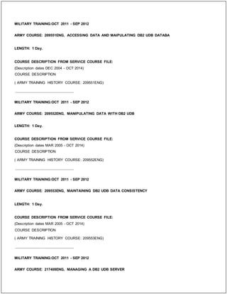 MILITARY TRAINING:OCT 2011 - SEP 2012
ARMY COURSE: 209551ENG, ACCESSING DATA AND MAIPULATING DB2 UDB DATABA
LENGTH: 1 Day.
COURSE DESCRIPTION FROM SERVICE COURSE FILE:
(Description dates DEC 2004 - OCT 2014)
COURSE DESCRIPTION
( ARMY TRAINING HISTORY COURSE: 209551ENG)
_____________________________
MILITARY TRAINING:OCT 2011 - SEP 2012
ARMY COURSE: 209552ENG, MANIPULATING DATA WITH DB2 UDB
LENGTH: 1 Day.
COURSE DESCRIPTION FROM SERVICE COURSE FILE:
(Description dates MAR 2005 - OCT 2014)
COURSE DESCRIPTION
( ARMY TRAINING HISTORY COURSE: 209552ENG)
_____________________________
MILITARY TRAINING:OCT 2011 - SEP 2012
ARMY COURSE: 209553ENG, MAINTAINING DB2 UDB DATA CONSISTENCY
LENGTH: 1 Day.
COURSE DESCRIPTION FROM SERVICE COURSE FILE:
(Description dates MAR 2005 - OCT 2014)
COURSE DESCRIPTION
( ARMY TRAINING HISTORY COURSE: 209553ENG)
_____________________________
MILITARY TRAINING:OCT 2011 - SEP 2012
ARMY COURSE: 217408ENG, MANAGING A DB2 UDB SERVER
 