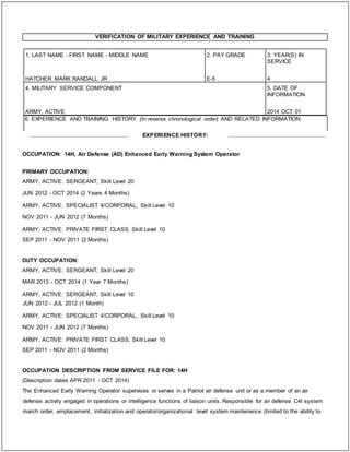VERIFICATION OF MILITARY EXPERIENCE AND TRAINING
1. LAST NAME - FIRST NAME - MIDDLE NAME 2. PAY GRADE 3. YEAR(S) IN
SERVICE
HATCHER MARK RANDALL JR E-5 4
4. MILITARY SERVICE COMPONENT 5. DATE OF
INFORMATION
ARMY, ACTIVE 2014 OCT 01
6. EXPERIENCE AND TRAINING HISTORY (In reverse chronological order) AND RELATED INFORMATION
EXPERIENCE HISTORY:
OCCUPATION: 14H, Air Defense (AD) Enhanced Early Warning System Operator
PRIMARY OCCUPATION:
ARMY, ACTIVE: SERGEANT, Skill Level 20
JUN 2012 - OCT 2014 (2 Years 4 Months)
ARMY, ACTIVE: SPECIALIST 4/CORPORAL, Skill Level 10
NOV 2011 - JUN 2012 (7 Months)
ARMY, ACTIVE: PRIVATE FIRST CLASS, Skill Level 10
SEP 2011 - NOV 2011 (2 Months)
DUTY OCCUPATION:
ARMY, ACTIVE: SERGEANT, Skill Level 20
MAR 2013 - OCT 2014 (1 Year 7 Months)
ARMY, ACTIVE: SERGEANT, Skill Level 10
JUN 2012 - JUL 2012 (1 Month)
ARMY, ACTIVE: SPECIALIST 4/CORPORAL, Skill Level 10
NOV 2011 - JUN 2012 (7 Months)
ARMY, ACTIVE: PRIVATE FIRST CLASS, Skill Level 10
SEP 2011 - NOV 2011 (2 Months)
OCCUPATION DESCRIPTION FROM SERVICE FILE FOR: 14H
(Description dates APR 2011 - OCT 2014)
The Enhanced Early Warning Operator supervises or serves in a Patriot air defense unit or as a member of an air
defense activity engaged in operations or intelligence functions of liaison units. Responsible for air defense C4I system
march order, emplacement, initialization and operator/organizational level system maintenance (limited to the ability to
 