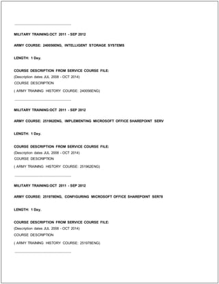 _____________________________
MILITARY TRAINING:OCT 2011 - SEP 2012
ARMY COURSE: 240056ENG, INTELLIGENT STORAGE SYSTEMS
LENGTH: 1 Day.
COURSE DESCRIPTION FROM SERVICE COURSE FILE:
(Description dates JUL 2008 - OCT 2014)
COURSE DESCRIPTION
( ARMY TRAINING HISTORY COURSE: 240056ENG)
_____________________________
MILITARY TRAINING:OCT 2011 - SEP 2012
ARMY COURSE: 251962ENG, IMPLEMENTING MICROSOFT OFFICE SHAREPOINT SERV
LENGTH: 1 Day.
COURSE DESCRIPTION FROM SERVICE COURSE FILE:
(Description dates JUL 2008 - OCT 2014)
COURSE DESCRIPTION
( ARMY TRAINING HISTORY COURSE: 251962ENG)
_____________________________
MILITARY TRAINING:OCT 2011 - SEP 2012
ARMY COURSE: 251978ENG, CONFIGURING MICROSOFT OFFICE SHAREPOINT SER78
LENGTH: 1 Day.
COURSE DESCRIPTION FROM SERVICE COURSE FILE:
(Description dates JUL 2008 - OCT 2014)
COURSE DESCRIPTION
( ARMY TRAINING HISTORY COURSE: 251978ENG)
_____________________________
 