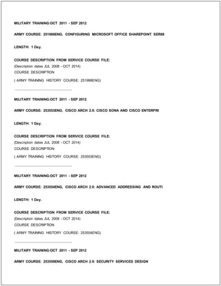 MILITARY TRAINING:OCT 2011 - SEP 2012
ARMY COURSE: 251988ENG, CONFIGURING MICROSOFT OFFICE SHAREPOINT SER88
LENGTH: 1 Day.
COURSE DESCRIPTION FROM SERVICE COURSE FILE:
(Description dates JUL 2008 - OCT 2014)
COURSE DESCRIPTION
( ARMY TRAINING HISTORY COURSE: 251988ENG)
_____________________________
MILITARY TRAINING:OCT 2011 - SEP 2012
ARMY COURSE: 253553ENG, CISCO ARCH 2.0: CISCO SONA AND CISCO ENTERPRI
LENGTH: 1 Day.
COURSE DESCRIPTION FROM SERVICE COURSE FILE:
(Description dates JUL 2008 - OCT 2014)
COURSE DESCRIPTION
( ARMY TRAINING HISTORY COURSE: 253553ENG)
_____________________________
MILITARY TRAINING:OCT 2011 - SEP 2012
ARMY COURSE: 253554ENG, CISCO ARCH 2.0: ADVANCED ADDRESSING AND ROUTI
LENGTH: 1 Day.
COURSE DESCRIPTION FROM SERVICE COURSE FILE:
(Description dates JUL 2008 - OCT 2014)
COURSE DESCRIPTION
( ARMY TRAINING HISTORY COURSE: 253554ENG)
_____________________________
MILITARY TRAINING:OCT 2011 - SEP 2012
ARMY COURSE: 253559ENG, CISCO ARCH 2.0: SECURITY SERVICES DESIGN
 