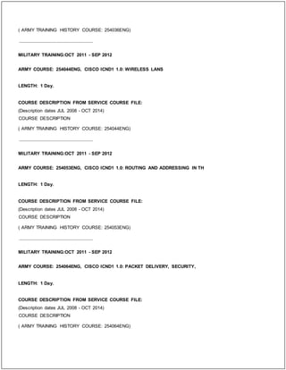 ( ARMY TRAINING HISTORY COURSE: 254036ENG)
_____________________________
MILITARY TRAINING:OCT 2011 - SEP 2012
ARMY COURSE: 254044ENG, CISCO ICND1 1.0: WIRELESS LANS
LENGTH: 1 Day.
COURSE DESCRIPTION FROM SERVICE COURSE FILE:
(Description dates JUL 2008 - OCT 2014)
COURSE DESCRIPTION
( ARMY TRAINING HISTORY COURSE: 254044ENG)
_____________________________
MILITARY TRAINING:OCT 2011 - SEP 2012
ARMY COURSE: 254053ENG, CISCO ICND1 1.0: ROUTING AND ADDRESSING IN TH
LENGTH: 1 Day.
COURSE DESCRIPTION FROM SERVICE COURSE FILE:
(Description dates JUL 2008 - OCT 2014)
COURSE DESCRIPTION
( ARMY TRAINING HISTORY COURSE: 254053ENG)
_____________________________
MILITARY TRAINING:OCT 2011 - SEP 2012
ARMY COURSE: 254064ENG, CISCO ICND1 1.0: PACKET DELIVERY, SECURITY,
LENGTH: 1 Day.
COURSE DESCRIPTION FROM SERVICE COURSE FILE:
(Description dates JUL 2008 - OCT 2014)
COURSE DESCRIPTION
( ARMY TRAINING HISTORY COURSE: 254064ENG)
 