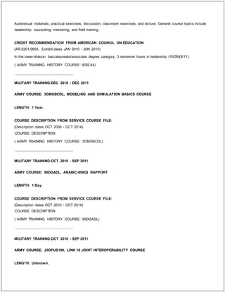 Audiovisual materials, practical exercises, discussion, classroom exercises, and lecture. General course topics include
leadership; counseling; mentoring; and field training.
CREDIT RECOMMENDATION FROM AMERICAN COUNCIL ON EDUCATION
(AR-2201-0603, Exhibit dates JAN 2010 - JUN 2014)
In the lower-division baccalaureate/associate degree category, 3 semester hours in leadership (10/09)(9/11).
( ARMY TRAINING HISTORY COURSE: 600C44)
_____________________________
MILITARY TRAINING:DEC 2010 - DEC 2011
ARMY COURSE: 3GMSBCDL, MODELING AND SIIMULATION BASICS COURSE
LENGTH: 1 Year.
COURSE DESCRIPTION FROM SERVICE COURSE FILE:
(Description dates OCT 2008 - OCT 2014)
COURSE DESCRIPTION
( ARMY TRAINING HISTORY COURSE: 3GMSBCDL)
_____________________________
MILITARY TRAINING:OCT 2010 - SEP 2011
ARMY COURSE: 99DGADL, ARABIC-IRAQI RAPPORT
LENGTH: 1 Day.
COURSE DESCRIPTION FROM SERVICE COURSE FILE:
(Description dates OCT 2010 - OCT 2014)
COURSE DESCRIPTION
( ARMY TRAINING HISTORY COURSE: 99DGADL)
_____________________________
MILITARY TRAINING:OCT 2010 - SEP 2011
ARMY COURSE: J3OPUS109, LINK 16 JOINT INTEROPERABILITY COURSE
LENGTH: Unknown.
 