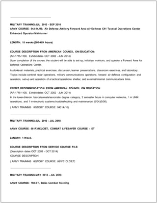 _____________________________
MILITARY TRAINING:JUL 2010 - SEP 2010
ARMY COURSE: 043-14J10, Air Defense Artillery Forward Area Air Defense C41 Tactical Operations Center
Enhanced Operator/Maintainer
LENGTH: 10 weeks(360-409 hours)
COURSE DESCRIPTION FROM AMERICAN COUNCIL ON EDUCATION:
(AR-1715-1100, Exhibit dates OCT 2002 - JUN 2014)
Upon completion of the course, the student will be able to set-up, initialize, maintain, and operate a Forward Area Air
Defense Operations Center.
Audiovisual materials, practical exercises, discussion, learner presentations, classroom exercises, and laboratory.
Topics include sentinel radar operations, military communications operations, forward air defense configuration and
operation, set-up and operation of a tactical operations shelter, and external/internal communications links.
CREDIT RECOMMENDATION FROM AMERICAN COUNCIL ON EDUCATION
(AR-1715-1100, Exhibit dates OCT 2002 - JUN 2014)
In the lower-division baccalaureate/associate degree category, 2 semester hours in computer networks, 1 in UNIX
operations, and 1 in electronic systems troubleshooting and maintenance (6/04)(5/08).
( ARMY TRAINING HISTORY COURSE: 04314J10)
_____________________________
MILITARY TRAINING:JUL 2010 - JUL 2010
ARMY COURSE: 081F31CLCIET, COMBAT LIFESAVER COURSE - IET
LENGTH: 1 Week.
COURSE DESCRIPTION FROM SERVICE COURSE FILE:
(Description dates OCT 2008 - OCT 2014)
COURSE DESCRIPTION
( ARMY TRAINING HISTORY COURSE: 081F31CLCIET)
_____________________________
MILITARY TRAINING:MAY 2010 - JUL 2010
ARMY COURSE: 750-BT, Basic Combat Training
 