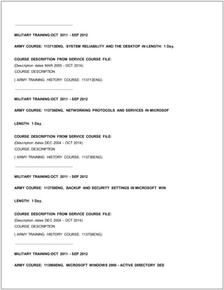 _____________________________
MILITARY TRAINING:OCT 2011 - SEP 2012
ARMY COURSE: 113713ENG, SYSTEM RELIABILITY AND THE DESKTOP IN LENGTH: 1 Day.
COURSE DESCRIPTION FROM SERVICE COURSE FILE:
(Description dates MAR 2005 - OCT 2014)
COURSE DESCRIPTION
( ARMY TRAINING HISTORY COURSE: 113713ENG)
_____________________________
MILITARY TRAINING:OCT 2011 - SEP 2012
ARMY COURSE: 113736ENG, NETWORKING PROTOCOLS AND SERVICES IN MICROSOF
LENGTH: 1 Day.
COURSE DESCRIPTION FROM SERVICE COURSE FILE:
(Description dates DEC 2004 - OCT 2014)
COURSE DESCRIPTION
( ARMY TRAINING HISTORY COURSE: 113736ENG)
_____________________________
MILITARY TRAINING:OCT 2011 - SEP 2012
ARMY COURSE: 113758ENG, BACKUP AND SECURITY SETTINGS IN MICROSOFT WIN
LENGTH: 1 Day.
COURSE DESCRIPTION FROM SERVICE COURSE FILE:
(Description dates DEC 2004 - OCT 2014)
COURSE DESCRIPTION
( ARMY TRAINING HISTORY COURSE: 113758ENG)
_____________________________
MILITARY TRAINING:OCT 2011 - SEP 2012
ARMY COURSE: 113960ENG, MICROSOFT WINDOWS 2000 - ACTIVE DIRECTORY DES
 