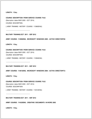 LENGTH: 1 Day.
COURSE DESCRIPTION FROM SERVICE COURSE FILE:
(Description dates MAR 2005 - OCT 2014)
COURSE DESCRIPTION
( ARMY TRAINING HISTORY COURSE: 113960ENG)
_____________________________
MILITARY TRAINING:OCT 2011 - SEP 2012
ARMY COURSE: 113994ENG, MICROSOFT WINDOWS 2000 - ACTIVE DIRECTORY94
LENGTH: 1 Day.
COURSE DESCRIPTION FROM SERVICE COURSE FILE:
(Description dates MAR 2005 - OCT 2014)
COURSE DESCRIPTION
( ARMY TRAINING HISTORY COURSE: 113994ENG)
_____________________________
MILITARY TRAINING:OCT 2011 - SEP 2012
ARMY COURSE: 114012ENG, MICROSOFT WINDOWS 2000 - ACTIVE DIRECTORY12
LENGTH: 1 Day.
COURSE DESCRIPTION FROM SERVICE COURSE FILE:
(Description dates MAR 2005 - OCT 2014)
COURSE DESCRIPTION
( ARMY TRAINING HISTORY COURSE: 114012ENG)
_____________________________
MILITARY TRAINING:OCT 2011 - SEP 2012
ARMY COURSE: 114325ENG, CREATING DOCUMENTS IN WORD 2002
LENGTH: 1 Day.
 