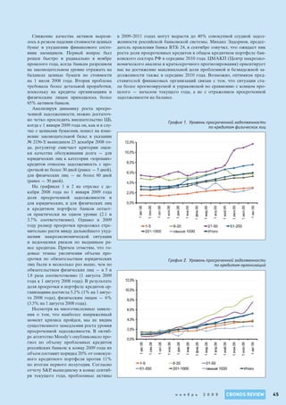 CBONDS REVIEWн о я б р ь 2 0 0 9 45
Снижение качества активов вырази-
лось в резком падении стоимости ценных
бумаг и ухудшении финансового состо-
яния заемщиков. Первый вопрос был
решен быстро и радикально в ноябре
прошлого года, когда банкам разрешили
на законодательном уровне отражать на
балансах ценные бумаги по стоимости
на 1 июля 2008 года. Вторая проблема
требовала более детальной проработки,
поскольку на кредиты организациям и
физическим лицам приходилось более
65% активов банков.
Анализируя динамику роста просро-
ченной задолженности, можно достаточ-
но четко проследить вмешательство ЦБ,
когда с 1 января 2009 года он, как и в слу-
чае с ценными бумагами, пошел на изме-
нение законодательной базы: в указании
№ 2156-У, вышедшем 23 декабря 2008 го-
да, регулятор смягчает критерии оцен-
ки качества обслуживания долга — для
юридических лиц к категории «хороших»
кредитов отнесена задолженность с про-
срочкой не более 30 дней (ранее — 5 дней),
для физических лиц — не более 60 дней
(ранее — 30 дней).
На графиках 1 и 2 на отрезке с де-
кабря 2008 года по 1 января 2009 года
доля просроченной задолженности и
для юридических, и для физических лиц
в кредитном портфеле банков остает-
ся практически на одном уровне (2.1 и
3.7% соответственно). Однако в 2009
году размер просрочки продолжал стре-
мительно расти ввиду дальнейшего ухуд-
шения макроэкономической ситуации
и недооценки рисков по выданным ра-
нее кредитам. Причем отметим, что го-
довые темпы увеличения объема про-
срочки по обязательствам юридических
лиц были в несколько раз выше, чем по
обязательствам физических лиц — в 5 и
1.8 раза соответственно (1 августа 2009
года к 1 августу 2008 года). В результате
доля просрочки в портфеле кредитов ор-
ганизациям достигла 5.2% (1% на 1 авгус-
та 2008 года), физическим лицам — 6%
(3.3% на 1 августа 2008 года).
Несмотря на многочисленные заявле-
ния о том, что наиболее напряженный
момент кризиса пройден, мы не видим
существенного замедления роста уровня
просроченной задолженности. В октяб-
ре агентство Moody’s опубликовало про-
гноз по объему проблемных кредитов
российских банков: к концу 2009 года их
объем составит порядка 20% от совокуп-
ного кредитного портфеля против 11%
по итогам первого полугодия. Согласно
отчету S&P, вышедшему в конце сентяб-
ря текущего года, проблемные активы
в 2009–2011 годах могут вырасти до 40% совокупной ссудной задол-
женности российской банковской системы. Михаил Задорнов, предсе-
датель правления банка ВТБ 24, в сентябре озвучил, что ожидает пик
роста доли просроченных кредитов в общем кредитном портфеле бан-
ковского сектора РФ в середине 2010 года. ЦМАКП (Центр макроэко-
номического анализа и краткосрочного прогнозирования) ориентирует
нас на достижение максимальной доли проблемной и безнадежной за-
долженности также в середине 2010 года. Возможно, оптимизм пред-
ставителей финансовых организаций связан с тем, что ситуация ста-
ла более прогнозируемой и управляемой по сравнению с концом про-
шлого — началом текущего года, а не с отражением просроченной
задолженности на балансе.
График 1. Уровень просроченной задолженности
по кредитам физических лиц
График 2. Уровень просроченной задолженности
по кредитам организаций
 