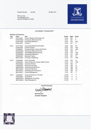 ACADEMIC TRANSCRIPT
Bachelor of Commerce
Year Code Title
2011 ClCU10002 Culture, Media and Everyday Life
ECON10004 lntroductory Microeconomics
ECON10005 Quantitative Methods 1
FNCE10001 Finance 1
Points Mark Grade
12.50 062 P
12.5Q 051 P
12.50 079 H2A
12.50 057 P
2012
2013
ACCT10001
cHtN10009
cHrN20007
ECON10003
ECON20001
ECON20003
FNCE20001
MKTGlOOOl
cHtN20008
cHrN30002
FNCE30002
FNCE30007
MGMT2OOOl
MKTG2OOOl
MKTG3OOlO
MKTG3OO11
cHtN30007
FNCE30001
MGMT3OO12
MKTG30006
Accounting Reports and Analysis
Chinese Cinema
Chinese Studies: Culture and Empire
I ntroductory Macroeconomics
I ntermediate Macroeconomics
Quantitative Methods 2
Business Finance
Principles of Marketing
China Since Mao
Taiwan & Beyond: Chinese Settler Culture
Corporate Finance
Derivative Securities
Organisational Behaviour
Consumer Behaviour
Advertising and Promotions
Product Management
Advanced Seminar in Chinese
lnvestments
Management Consulting
Retail Management
(12.50) ***
(12.50) *** ***
(1 2.50) *** ***
(12.50) *** ***
12.50 065
12.50 078
12.50 075
12.50 058
12.50 070
12.50 077
12.50 081
12.50 071
12.50 083
12.50 073
12.50 055
12.50 080
12.50 068
12.50 068
12.50 068
12.50 061
H3
H2A
H24
P
H2B
H2A
H1
H2B
H1
H2B
P
H,1
H3
H3
H3
P
End Of Transcript
,t^r^t'J fltumooi
Neil Robinson
Academic Registrar
 
