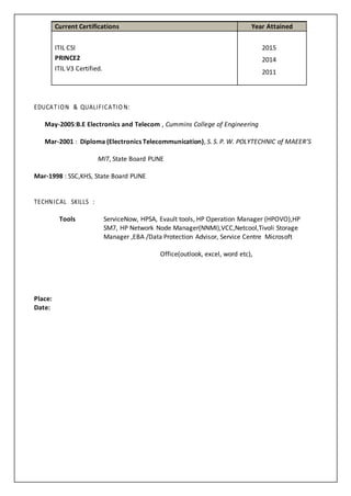 Current Certifications Year Attained
ITIL CSI
PRINCE2
ITIL V3 Certified.
2015
2014
2011
EDUCATION & QUALIFICATIO N:
May-2005:B.E Electronics and Telecom , Cummins College of Engineering
Mar-2001 : Diploma (Electronics Telecommunication), S. S. P. W. POLYTECHNIC of MAEER’S
MIT, State Board PUNE
Mar-1998 : SSC,KHS, State Board PUNE
TECHNICAL SKILLS :
Tools ServiceNow, HPSA, Evault tools, HP Operation Manager (HPOVO),HP
SM7, HP Network Node Manager(NNMI),VCC,Netcool,Tivoli Storage
Manager ,EBA /Data Protection Advisor, Service Centre Microsoft
Office(outlook, excel, word etc),
Place:
Date:
 