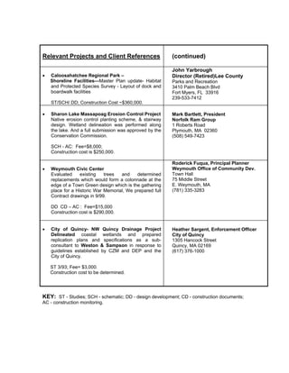 Relevant Projects and Client References (continued)
• Caloosahatchee Regional Park –
Shoreline Facilities—Master Plan update- Habitat
and Protected Species Survey - Layout of dock and
boardwalk facilities
ST/SCH/ DD; Construction Cost ~$360,000.
John Yarbrough
Director (Retired)Lee County
Parks and Recreation
3410 Palm Beach Blvd
Fort Myers, FL 33916
239-533-7412
• Sharon Lake Massapoag Erosion Control Project
Native erosion control planting scheme, & stairway
design. Wetland delineation was performed along
the lake. And a full submission was approved by the
Conservation Commission.
SCH - AC: Fee=$8,000;
Construction cost is $250,000.
Mark Bartlett, President
Norfolk Ram Group
1 Roberts Road
Plymouth, MA 02360
(508) 549-7423
• Weymouth Civic Center
Evaluated existing trees and determined
replacements which would form a colonnade at the
edge of a Town Green design which is the gathering
place for a Historic War Memorial, We prepared full
Contract drawings in 9/99.
DD CD – AC : Fee=$15,000
Construction cost is $290,000.
Roderick Fuqua, Principal Planner
Weymouth Office of Community Dev.
Town Hall
75 Middle Street
E. Weymouth, MA
(781) 335-3283
• City of Quincy- NW Quincy Drainage Project
Delineated coastal wetlands and prepared
replication plans and specifications as a sub-
consultant to Weston & Sampson in response to
guidelines established by CZM and DEP and the
City of Quincy.
ST 3/93; Fee= $3,000.
Construction cost to be determined.
Heather Sargent, Enforcement Officer
City of Quincy
1305 Hancock Street
Quincy, MA 02169
(617) 376-1000
KEY: ST - Studies; SCH - schematic; DD - design development; CD - construction documents;
AC - construction monitoring.
 