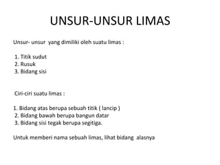 UNSUR-UNSUR LIMAS
Unsur- unsur yang dimiliki oleh suatu limas :
1. Titik sudut
2. Rusuk
3. Bidang sisi
Ciri-ciri suatu limas :
1. Bidang atas berupa sebuah titik ( lancip )
2. Bidang bawah berupa bangun datar
3. Bidang sisi tegak berupa segitiga.
Untuk memberi nama sebuah limas, lihat bidang alasnya
 
