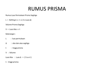 RUMUS PRISMA
Rumus Luas Permukaan Prisma Segitiga
L = Keliling ∆ x t x ( 2 x Luas ∆)
Volume Prisma Segitiga
V = Luas Alas x t
Keterangan :
L : luas permukaan
∆ : alas dan atas segitiga
t : tinggi prisma
V : Volume
Luas Alas : Luas ∆ = ( ½ a x t )
t : tinggi prisma
 