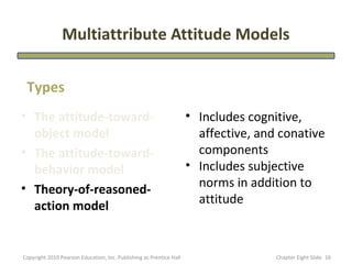 Multiattribute Attitude Models

 Types
• The attitude-toward-                                               • Includes cognitive,
  object model                                                         affective, and conative
• The attitude-toward-                                                 components
  behavior model                                                     • Includes subjective
• Theory-of-reasoned-                                                  norms in addition to
  action model                                                         attitude



Copyright 2010 Pearson Education, Inc. Publishing as Prentice Hall                   Chapter Eight ݺߣ 16
 