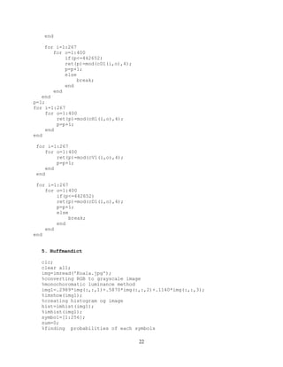 22
end
for i=1:267
for o=1:400
if(p<=442652)
ret(p)=mod(cD1(i,o),4);
p=p+1;
else
break;
end
end
end
p=1;
for i=1:267
for o=1:400
ret(p)=mod(cH1(i,o),4);
p=p+1;
end
end
for i=1:267
for o=1:400
ret(p)=mod(cV1(i,o),4);
p=p+1;
end
end
for i=1:267
for o=1:400
if(p<=442652)
ret(p)=mod(cD1(i,o),4);
p=p+1;
else
break;
end
end
end
5. Huffmandict
clc;
clear all;
img=imread('Koala.jpg');
%converting RGB to grayscale image
%monochoromatic luminance method
img1=.2989*img(:,:,1)+.5870*img(:,:,2)+.1140*img(:,:,3);
%imshow(img1);
%creating histogram og image
hist=imhist(img1);
%imhist(img1);
symbol=[1:256];
sum=0;
%finding probabilities of each symbols
 