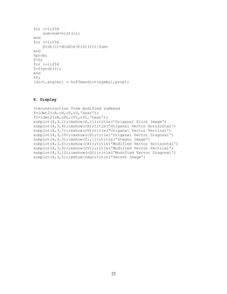 23
for i=1:256
sum=sum+hist(i);
end
for i=1:256
prob(i)=double(hist(i))/sum;
end
%prob;
f=0;
for i=1:256
f=f+prob(i);
end
%f;
[dict,avglen] = huffmandict(symbol,prob);
6. Display
%reconstruction from modified subband
f=idwt2(cA,cH,cV,cD,'haar');
f1=idwt2(cA,cH1,cV1,cD1,'haar');
subplot(4,3,1);imshow(f,[]);title('Origanal Pilot Image')
subplot(4,3,4);imshow(cH);title('Origanal Vector Horizontal')
subplot(4,3,7);imshow(cV);title('Origanal Vector Vertical')
subplot(4,3,10);imshow(cD);title('Origanal Vector Diagonal')
subplot(4,3,3);imshow(f1,[]);title('Stegno Image')
subplot(4,3,6);imshow(cH1);title('Modified Vector Horizontal')
subplot(4,3,9);imshow(cV1);title('Modified Vector Vertical')
subplot(4,3,12);imshow(cD1);title('Modified Vector Diagonal')
subplot(4,3,5);imshow(img);title('Secret Image')
 