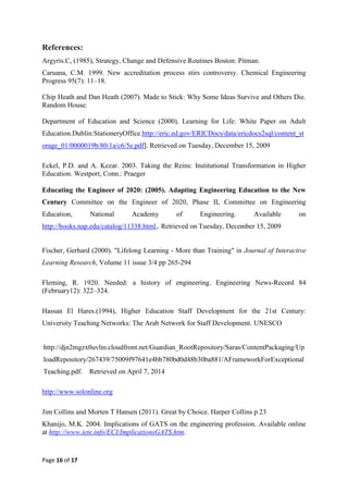 Page 16 of 17
References:
Argyris.C, (1985), Strategy, Change and Defensive Routines Boston: Pitman.
Caruana, C.M. 1999. New accreditation process stirs controversy. Chemical Engineering
Progress 95(7): 11–18.
Chip Heath and Dan Heath (2007). Made to Stick: Why Some Ideas Survive and Others Die.
Random House.
Department of Education and Science (2000), Learning for Life: White Paper on Adult
Education.Dublin:StationeryOffice.http://eric.ed.gov/ERICDocs/data/ericdocs2sql/content_st
orage_01/0000019b/80/1a/c6/5e.pdf]. Retrieved on Tuesday, December 15, 2009
Eckel, P.D. and A. Kezar. 2003. Taking the Reins: Institutional Transformation in Higher
Education. Westport, Conn.: Praeger
Educating the Engineer of 2020: (2005). Adapting Engineering Education to the New
Century Committee on the Engineer of 2020, Phase II, Committee on Engineering
Education, National Academy of Engineering. Available on
http://books.nap.edu/catalog/11338.html,. Retrieved on Tuesday, December 15, 2009
Fischer, Gerhard (2000). "Lifelong Learning - More than Training" in Journal of Interactive
Learning Research, Volume 11 issue 3/4 pp 265-294
Fleming, R. 1920. Needed: a history of engineering. Engineering News-Record 84
(February12): 322–324.
Hassan El Hares.(1994), Higher Education Staff Development for the 21st Century:
University Teaching Networks: The Arab Network for Staff Development. UNESCO
http://djn2mgzx0uvlm.cloudfront.net/Guardian_RootRepository/Saras/ContentPackaging/Up
loadRepository/267439/75009f97641e4bb780bd0d48b30ba881/AFrameworkForExceptional
Teaching.pdf. Retrieved on April 7, 2014
http://www.solonline.org
Jim Collins and Morten T Hansen (2011). Great by Choice. Harper Collins p 23
Khanijo, M.K. 2004. Implications of GATS on the engineering profession. Available online
at http://www.iete.info/ECI/ImplicationsGATS.htm.
 