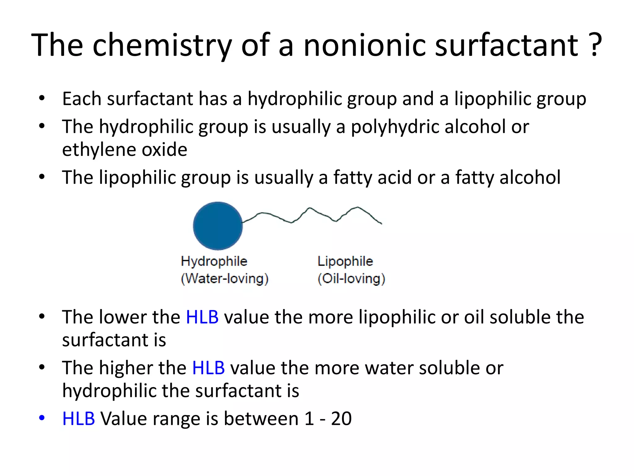 The chemistry of a nonionic surfactant ?
• Each surfactant has a hydrophilic group and a lipophilic group
• The hydrophilic group is usually a polyhydric alcohol or
ethylene oxide
• The lipophilic group is usually a fatty acid or a fatty alcohol
• The lower the HLB value the more lipophilic or oil soluble the
surfactant is
• The higher the HLB value the more water soluble or
hydrophilic the surfactant is
• HLB Value range is between 1 - 20
 