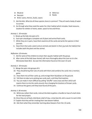 ● Muskrat 
● Raccoon 
● Birds: Loons, Herons, ducks, swans 
● Wild rice 
● Reeds 
3.   Ask the kids, What do all these species share in common?  They all need a body of water 
to survive. 
4.   Go through what they need the water for; their habitat which includes; food resource, 
location for shelter or home, water, space to live and thrive.   
 
Activity 1:  20 minutes 
5.  Break up the kids into pairs of 2.   
6.   Each pair should get a complete set of plant and animal flash cards.  
7.   While they are in pairs, have them examine all the cards and write the species in their 
journals.   
6.   Have them then pick a plant and an animals and sketch in their journals the habitat that 
includes both the plant and the animal.   
 
Reflection: 10 minutes 
7.   Ask for some of the children to share their aquatic habitat with the group. 
8.   After some of the kids have shared, talk more thoroughly about the Loon as it is the 
Minnesota State Bird.  Go over the information found on the Loon I.D card. 
 
Activity 2:  20 minutes 
9.  Merge the pairs into groups of 4. 
10.  They should bring their sets of cards with them and combine the cards into a memory 
game. 
11.  Have them mix all their cards up, and arrange them facedown on the ground.  
12.  Tell them to take turns picking two cards each, until they find matches. 
13.  You can make it more difficult by yelling “Shuffle” every now and then which will 
require them to mix the cards around, thus changing the locations of known cards.   
14.  Continue this game until they have found all the pairs.  
 
Activity 3: 30 minutes 
15.  While you collect their cards, instruct the kids to gather a handful or two of small sticks 
for the next project. 
16. Once they are all back, distribute a ball of clay, a shoe box lid, and a saucer to each child.   
17. Explain that they will be creating their own beaver habitat.   
18.  Ask them what they remember learning about beavers from the I.D cards.   
140 
 