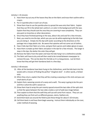  
Activity 1: 35 minutes 
3. Have them lay out any of the leaves they like on the fabric and trace their outline with a 
crayon.   
4. Put 2‐3 paintbrushes in each can of wax. 
5. Show them how to use the paintbrushes to spread the wax onto their fabric.  Explain 
that they can fill in the whole leaf, outline it, or color in the background with the wax. 
Explain that they should coat the area they are covering in wax completely.  They can 
also paint on branches or other decorations. 
6. Once they have finished painting on the wax, allow it dry and cool for a few minutes.   
7. Next, you need to mix the dye, which you you can do while explaining to the kids how 
you are doing it.  Simply mix the dye with water according to the directions on the 
package into a large plastic tub.  Be aware that splashes will not come out of clothes.   
8. Have 2 kids dye their fabric at a time, and give them aprons and rubber gloves to wear. 
9. Have them crumple up their fabric and place in the dye for a few minutes.  The longer it 
stays in the dye, the darker the color they will get.   
10. Remove the fabric from the water and have the kids hang it on a clothesline outside. 
11. The fabric will have to dry and will then need to be ironed between newspaper to 
remove the wax.  This can be done for the kids as it is a long process.  Just let them 
know that they will get their bandanas back in a few days.  
 
Activity 2: 40 minutes 
12.  After all the bandanas have been hung on the clotheslines, send the kids back into the 
woods with a mission of finding the perfect “slingshot stick”.  In other words, a forked 
stick. 
13. When they return, explain that they will be creating a weaving on this stick and pass out 
small skeins of yarn. 
14. Explain that a weaving consists of a warp and a weft.  The warp is going to be the yarn 
and this is what the weft is woven on.   
15. Show them how to wrap the yarn evenly spaced around the two sides of the split stick 
so that the space between the two sides creates a sort of web (see image below). 
16. Then explain to them that the weft they will use will come from nature.  They can use 
anything they can find such as different grasses, stems, feathers etc.   
17. Send them back out around the field to pick these things for about 5‐10 minutes. 
18. Call them back in and have them begin weaving.  Instruct them individually on the over, 
under method of weaving.   
149 
 