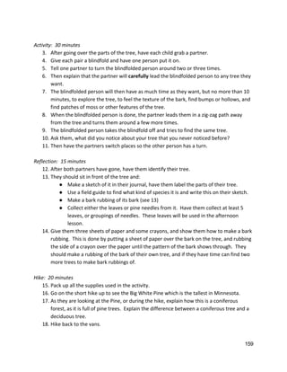  
Activity:  30 minutes 
3. After going over the parts of the tree, have each child grab a partner. 
4. Give each pair a blindfold and have one person put it on. 
5. Tell one partner to turn the blindfolded person around two or three times.   
6. Then explain that the partner will ​carefully ​lead the blindfolded person to any tree they 
want.   
7. The blindfolded person will then have as much time as they want, but no more than 10 
minutes, to explore the tree, to feel the texture of the bark, find bumps or hollows, and 
find patches of moss or other features of the tree.   
8. When the blindfolded person is done, the partner leads them in a zig‐zag path away 
from the tree and turns them around a few more times. 
9. The blindfolded person takes the blindfold off and tries to find the same tree. 
10. Ask them, what did you notice about your tree that you never noticed before? 
11. Then have the partners switch places so the other person has a turn. 
 
Reflection:  15 minutes 
12. After both partners have gone, have them identify their tree.   
13. They should sit in front of the tree and:   
● Make a sketch of it in their journal, have them label the parts of their tree. 
● Use a field guide to find what kind of species it is and write this on their sketch.   
● Make a bark rubbing of its bark (see 13) 
● Collect either the leaves or pine needles from it.  Have them collect at least 5 
leaves, or groupings of needles.  These leaves will be used in the afternoon 
lesson.   
14. Give them three sheets of paper and some crayons, and show them how to make a bark 
rubbing.  This is done by putting a sheet of paper over the bark on the tree, and rubbing 
the side of a crayon over the paper until the pattern of the bark shows through.  They 
should make a rubbing of the bark of their own tree, and if they have time can find two 
more trees to make bark rubbings of.   
 
Hike:  20 minutes 
15. Pack up all the supplies used in the activity. 
16. Go on the short hike up to see the Big White Pine which is the tallest in Minnesota.  
17. As they are looking at the Pine, or during the hike, explain how this is a coniferous 
forest, as it is full of pine trees.  Explain the difference between a coniferous tree and a 
deciduous tree. 
18. Hike back to the vans.   
 
159 
 