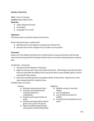 Activity: Forest Fires 
 
Time: ​1 hour 15 minutes 
Location: ​Mary Gibbs Center 
Materials: 
● Large notepad and stand 
● Art Supplies 
● Long paper for a mural 
 
Objectives: 
This lesson aims to study the impact of forest fires. 
 
By the end of this lesson, students will: 
● Identify positive and negative consequences of forest fires 
● Describe some of the changes fires can make in an ecosystem 
 
Procedure: 
Bring in our Park Ranger friend from the Timeline lesson to discuss forest fires with the kids. 
They may also bring with them Smokey the Bear who is an icon for raising awareness of forest 
fires.   
 
Introduction:  20 minutes 
1. Introduce the Park Ranger to the group.   
2. Begin the activity with a discussion about forest fires.  ​(Park Ranger may help with this) 
Point out that while the effects of fire may be harmful to some wildlife species, the fire 
may benefit other species. 
3. Brainstorm possible positive and negative effects of forest fires.  Keep the list on the 
large notepad stand for students to see.   
Possible topics to include: 
Positive: 
● Maintains and enhances forest 
● Increases soil productivity by 
recycling nutrients in 
undergrowth 
● Prepares soil for germination of 
seeds 
● Activates heat dependent seed to 
grow such as pines and spruce 
● Opens up habitat by generating 
new growth and diversifying food  
Negative: 
● Wildlife may die or lose their 
habitat 
● Loss of vegetation 
● Loss of food and shelter for 
wildlife 
● Increased silt and sediment in the 
water  
173 
 
