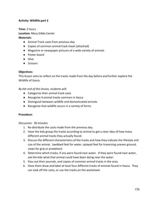 Activity: Wildlife part 2 
 
Time: ​2 hours 
Location: ​Mary Gibbs Center 
Materials: 
● Animal Track casts from previous day 
● Copies of common animal track sheet (attached) 
● Magazine or newspaper pictures of a wide variety of animals 
● Poster board  
● Glue 
● Scissors 
 
Objectives: 
This lesson aims to reflect on the tracks made from the day before and further explore the 
Wildlife of Itasca. 
 
By the end of this lesson, students will: 
● Categorize their animal track casts 
● Recognize 4 animal tracks common in Itasca 
● Distinguish between wildlife and domesticated animals 
● Recognize that wildlife occurs in a variety of forms 
 
Procedure: 
 
Discussion:  30 minutes 
1. Re‐distribute the casts made from the previous day. 
2. Have the kids group the tracks according to animal to get a clear idea of how many 
different animal tracks they actually found. 
3. Discuss the different characteristics of the tracks and how they indicate the lifestyle and 
size of the animal.  (webbed feet for water, splayed feet for traversing uneven ground, 
claws for grip or predation) 
4. Determine which tracks, if any were found near water.  If they were found near water, 
ask the kids what that animal could have been doing near the water.   
5. Pass out their journals, and copies of common animal tracks in the area.   
6. Have them draw and label at least four different tracks of animals found in Itasca.  They 
can look off the casts, or use the tracks on the worksheet.  
 
 
 
175 
 