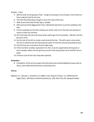 Activity:  1 hour 
5. Split the kids up into groups of four.  Assign each group a tree and give a short demo on 
how to dig the hole for the tree.   
6. The hole should be deep enough to cover the roots of the tree.   
7. Walk around and help the kids dig as needed.   
8. When groups finish digging their hole, individually help them to put the seedling in the 
hole.   
9. Put the seedling into the hole making sure all the roots are in the hole and spread out 
evenly so they are not bent. 
10. Fill in the hole with dirt and stomp down well to get rid of air pockets.  Add dirt until the 
ground is level.   
11. Use the last of the dirt to create a wall around the tree.  This will create a moat when 
the tree is watered and will help keep the water on the tree and not spreading all over. 
12. Pull the hose over and water the tree right away. 
13. If the tree feels unstable, especially if it is thin, it can be supported by driving two or 
three wooden stakes into the ground around it and using elastic ties to hold the tree in 
place.  
14. Continue until all the trees have been planted.  
 
Evaluation: 
● Completion of the service project will show they have worked diligently to give back to 
Itasca, and understand the process of planting trees.  
 
Source: 
 
Bledsoe, K.E., Norvell, C., Goodman, N. (2004). Trees: Nature’s Giants. In S. Milford & K.B.  
Sagert (Eds.), 365 Nature Crafts & Activities (p. 126). New York, NY: Backpack Books.  
 
 
   
180 
 