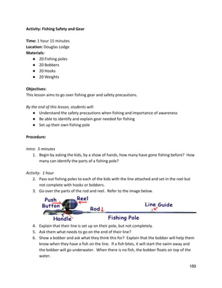 Activity: Fishing Safety and Gear 
 
Time: ​1 hour 15 minutes 
Location: ​Douglas Lodge 
Materials: 
● 20 Fishing poles 
● 20 Bobbers 
● 20 Hooks 
● 20 Weights 
 
Objectives: 
This lesson aims to go over fishing gear and safety precautions. 
 
By the end of this lesson, students will: 
● Understand the safety precautions when fishing and importance of awareness 
● Be able to identify and explain gear needed for fishing 
● Set up their own fishing pole 
 
Procedure: 
 
Intro:  5 minutes 
1. Begin by asking the kids, by a show of hands, how many have gone fishing before?  How 
many can identify the parts of a fishing pole? 
 
Activity:  1 hour 
2. Pass out fishing poles to each of the kids with the line attached and set in the reel but 
not complete with hooks or bobbers.   
3. Go over the parts of the rod and reel.  Refer to the image below. 
 
4. Explain that their line is set up on their pole, but not completely.   
5. Ask them what needs to go on the end of their line? 
6. Show a bobber and ask what they think this for?  Explain that the bobber will help them 
know when they have a fish on the line.  If a fish bites, it will start the swim away and 
the bobber will go underwater.  When there is no fish, the bobber floats on top of the 
water.   
189 
 