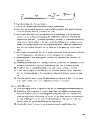  
4.  Begin to introduce the Forward Stroke. 
5.  Have all the children enter their canoes properly and sit down. 
6.  Once they are all seated, show them how to hold their paddle;  One hand on the grip, 
the other shoulder distance apart down the shaft.   
7.  Demonstrate a forward stroke and explain what to do as you do it.  To do a forward 
stroke, keep the shaft as vertical as possible and hold the wide end of the blade 90 
degrees from your body.  The paddle should enter the water so that the wide portion is 
being pulled.  Place the blade in the water well in front of your knee, pull back on the 
paddle and twist your torso as you pull to power the stroke.  When the blade reaches 
your knee the stroke is done and you can pull it out of the water and reach forward 
again.   
8.  Demonstrate this motion for the kids, as actions make more sense than words, and allow 
them time to practice.  Go around and correct kids as they are practicing.   
9.  When they seem to have a pretty good handle on the forward stroke, introduce the 
backward stroke. 
10.  For the backward stroke, they hold the paddle in the same way, but reach behind them 
and twist their body, and then push forward using their twist to power the stroke.   
11.  Give them time to practice the stroke as you walk around and help as needed.   
12.  If they are catching on fairly quickly, you can introduce the draw stroke.  However if 
they are struggling, keep it to the forward and backward strokes and move on to step 
14.   
13.  The draw stroke is used to move sideways away from the bank or dock.  Put the blade 
in the water parallel to the canoe and pull yourself over to the blade. 
 
Partner skills: 20 minutes 
14.  After working on strokes, it is good to have the kids work together in their canoe pairs. 
15.  Explain that with two people in a canoe, they should each paddle on opposite sides. 
Tell them that they should paddle as together as they can as this will help the canoe 
move fast and straight.  Explain that the person in front (bow) sets the rhythm and picks 
the side, and the person in the back (stern) matches them.  If the person in the front 
switches sides, the person in the back should do so as well.  
16.  Give the kids about 5 minutes to test this out and practice paddling together.  
198 
 