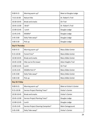 9:00‐9:15  Morning warm up*  Meet at Douglas Lodge 
 9:15‐10:30  Nature hike  Dr. Robert’s Trail 
10:30‐10:45   Break and snacks  On Trail 
10:45‐12:00    Birds*  Dr. Robert’s Trail 
12:00‐12:45   Lunch    Douglas Lodge 
12:45‐2:45  Wildlife*  Douglas Lodge 
2:45‐3:00  Daily Take‐away*  Douglas Lodge 
3:00‐3:30  Pick up  Douglas Lodge 
Day 9: Thursday 
9:00‐9:15  Morning warm up*  Mary Gibbs Center 
9:15‐10:30  Forest Fires*  Mary Gibbs Center 
10:30‐10:45  Break and snacks  Mary Gibbs Center 
10:45‐12:00   Hike out to fire tower  Aiton Heights Trail 
12:00‐12:45  Lunch  On Trail 
12:45‐2:45  Wildlife Part II*  Mary Gibbs Center 
2:45‐3:00  Daily Take‐away*  Mary Gibbs Center 
3:00‐3:30  Pick up  Mary Gibbs Center 
Day 10: Friday 
9:00‐9:15  Morning warm up*  Meet at Visitor’s Center 
9:15‐10:30  Service Project Planting Trees*  Visitor’s Center 
10:30‐10:45  Break and snacks  Visitor’s Center 
10:45‐12:00  Service Project Planting Trees*  Douglas Lodge 
12:00‐12:45  Lunch  Douglas Lodge 
12:45‐2:45  Service Project Cleaning Campsites*  Main Campground 
2:45‐3:00  Daily Take‐away*  Visitor’s Center 
24 
 
