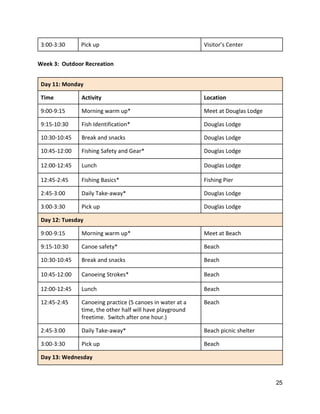 3:00‐3:30  Pick up  Visitor’s Center 
  
Week 3:  Outdoor Recreation 
 
Day 11: Monday 
Time  Activity  Location 
9:00‐9:15   Morning warm up*  Meet at Douglas Lodge 
9:15‐10:30  Fish Identification*  Douglas Lodge 
10:30‐10:45    Break and snacks  Douglas Lodge 
10:45‐12:00  Fishing Safety and Gear*  Douglas Lodge 
12:00‐12:45   Lunch  Douglas Lodge 
12:45‐2:45  Fishing Basics*  Fishing Pier 
2:45‐3:00  Daily Take‐away*  Douglas Lodge 
3:00‐3:30  Pick up  Douglas Lodge 
Day 12: Tuesday 
9:00‐9:15   Morning warm up*  Meet at Beach 
9:15‐10:30  Canoe safety*  Beach 
10:30‐10:45  Break and snacks  Beach 
10:45‐12:00  Canoeing Strokes*  Beach 
12:00‐12:45  Lunch  Beach 
12:45‐2:45  Canoeing practice (5 canoes in water at a 
time, the other half will have playground 
freetime.  Switch after one hour.) 
Beach 
2:45‐3:00  Daily Take‐away*  Beach picnic shelter 
3:00‐3:30  Pick up  Beach 
Day 13: Wednesday 
25 
 
