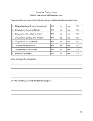 Creative Connections 
Student Program and Staff Evaluation Form 
 
Please complete each question by circling the answer that best describes your experience. 
 
1. Did you have fun at Creative Connections?  NO!  no  yes  YES! 
2.   Did you enjoy the Arts and Crafts?  NO!  no  yes  YES! 
3.   Did you enjoy the outdoor activities?  NO!  no  yes  YES! 
4.   Did you enjoy spending time in Itasca?  NO!  no  yes  YES! 
5.   Did you make any new friends?  NO!  no  yes  YES! 
6.   Did you learn any new skills?  NO!  no  yes  YES! 
7.   Did you like your instructors?  NO!  no  yes  YES! 
8.   Would you do it again?  NO!  no  yes  YES! 
 
Write about your favorite activity. 
______________________________________________________________________________
______________________________________________________________________________
______________________________________________________________________________ 
______________________________________________________________________________ 
Was there anything you wanted to do but didn’t get to? 
______________________________________________________________________________
______________________________________________________________________________
______________________________________________________________________________ 
______________________________________________________________________________ 
 
73 
 