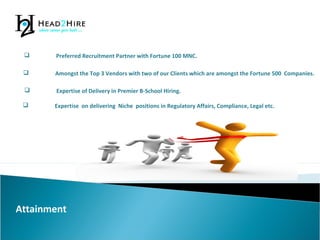 Attainment
 Preferred Recruitment Partner with Fortune 100 MNC.
 Amongst the Top 3 Vendors with two of our Clients which are amongst the Fortune 500 Companies.
 Expertise of Delivery in Premier B-School Hiring.
 Expertise on delivering Niche positions in Regulatory Affairs, Compliance, Legal etc.
 