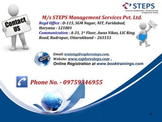 13
M/s STEPS Management Services Pvt. Ltd.
Regd Office : D-115, SGM Nagar, NIT, Faridabad,
Haryana - 121001
Communication : A-31, 1st
Floor, Awas Vikas, LIC Ring
Road, Rudrapur, Uttarakhand – 263153
Email: training@exploresteps.com,
Website: www.exploresteps.com ,
Online Registration at www.booktrainings.com
Phone No. - 09759346955
 