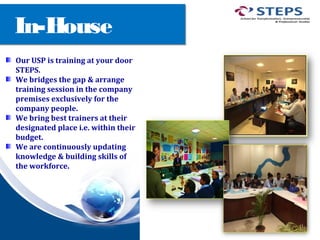 4
In-House
Our USP is training at your door
STEPS.
We bridges the gap & arrange
training session in the company
premises exclusively for the
company people.
We bring best trainers at their
designated place i.e. within their
budget.
We are continuously updating
knowledge & building skills of
the workforce.
 