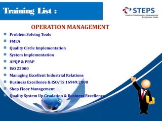 Training List :
 Problem Solving Tools
 FMEA
 Quality Circle Implementation
 System Implementation
 APQP & PPAP
 ISO 22000
 Managing Excellent Industrial Relations
 Business Excellence & ISO/TS 16949:2000
 Shop Floor Management
 Quality System Up Gradation & Business Excellence
OPERATION MANAGEMENT
 