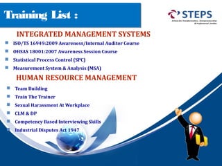Training List :
INTEGRATED MANAGEMENT SYSTEMS
 ISO/TS 16949:2009 Awareness/Internal Auditor Course
 OHSAS 18001:2007 Awareness Session Course
 Statistical Process Control (SPC)
 Measurement System & Analysis (MSA)
HUMAN RESOURCE MANAGEMENT
 Team Building
 Train The Trainer
 Sexual Harassment At Workplace
 CLM & DP
 Competency Based Interviewing Skills
 Industrial Disputes Act 1947
 