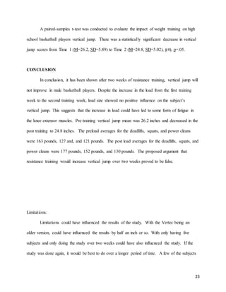 23
A paired-samples t-test was conducted to evaluate the impact of weight training on high
school basketball players vertical jump. There was a statistically significant decrease in vertical
jump scores from Time 1 (M=26.2, SD=5.89) to Time 2 (M=24.8, SD=5.02), t(4), p=.05.
CONCLUSION
In conclusion, it has been shown after two weeks of resistance training, vertical jump will
not improve in male basketball players. Despite the increase in the load from the first training
week to the second training week, load size showed no positive influence on the subject’s
vertical jump. This suggests that the increase in load could have led to some form of fatigue in
the knee extensor muscles. Pre-training vertical jump mean was 26.2 inches and decreased in the
post training to 24.8 inches. The preload averages for the deadlifts, squats, and power cleans
were 163 pounds, 127 and, and 121 pounds. The post load averages for the deadlifts, squats, and
power cleans were 177 pounds, 152 pounds, and 130 pounds. The proposed argument that
resistance training would increase vertical jump over two weeks proved to be false.
Limitations:
Limitations could have influenced the results of the study. With the Vertec being an
older version, could have influenced the results by half an inch or so. With only having five
subjects and only doing the study over two weeks could have also influenced the study. If the
study was done again, it would be best to do over a longer period of time. A few of the subjects
 