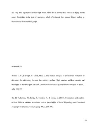 24
had very little experience in the weight room, which led to a lower load size so no injury would
occur. In addition to the lack of experience, a lack of rest could have caused fatigue leading to
the decrease in the vertical jumps.
REFERENCES
Bishop, D. C., & Wright, C. (2006, May). A time-motion analysis of professional basketball to
determine the relationship between three activity profiles: High, medium and low intensity and
the length of the time spent on court. International Journal of Performance Analysis in Sport.
6(1), 130-139
Bui, H. T., Farinas, M., Fortin, A., Comtois, A., & Leone, M. (2014). Comparison and analysis
of three different methods to evaluate vertical jump height. Clinical Physiology and Functional
Imaging Clin Physiol Funct Imaging, 35(3), 203-209.
 